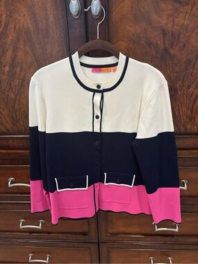 Vilagallo Cream, Navy & Pink Colorblock Crewneck Cardigan